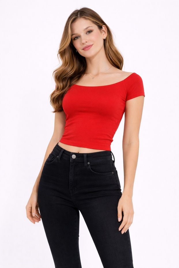 Women's Red Wide Collar Crop Top T-shirt