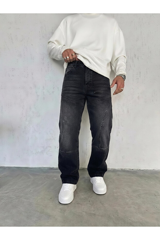 Men's Baggy Design Seam Detail Leg Zipper Jean Trousers
