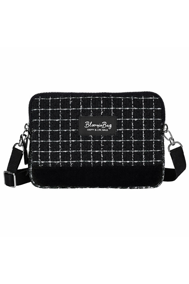 Black Tweed Crossbody Crisscross Straps Bag