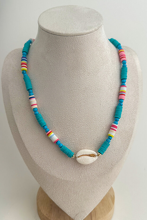 Mussel Shell Detail Turquoise Color Fimo Necklace (45cm)