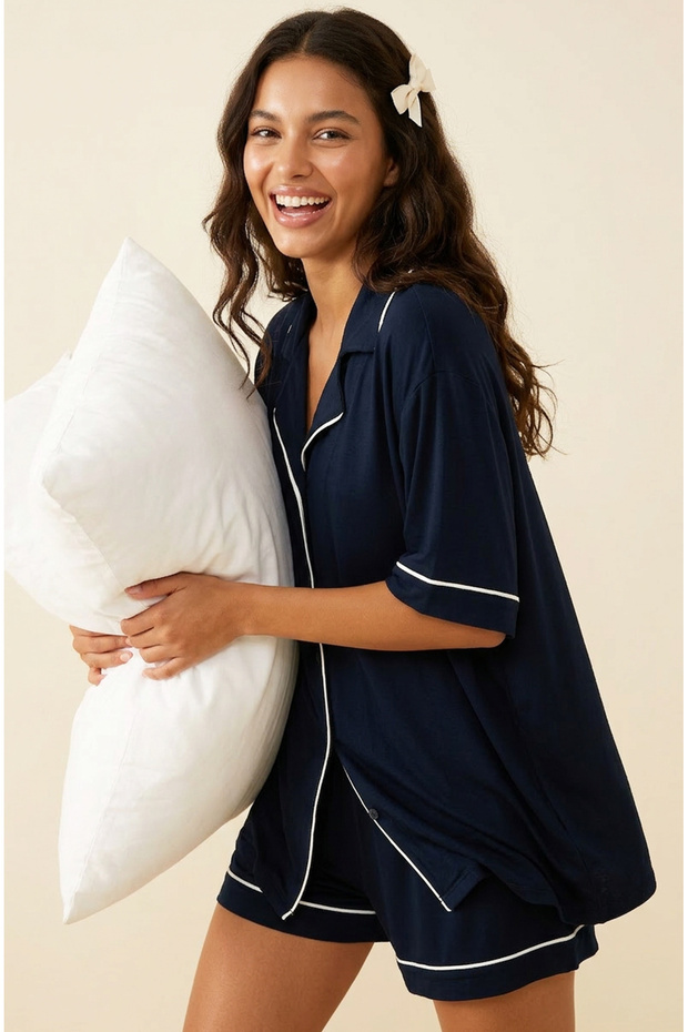 Navy Blue Shirt Collar Buttoned Bias Viscose Knitted Wide-Loose Fit Shorts Set7827