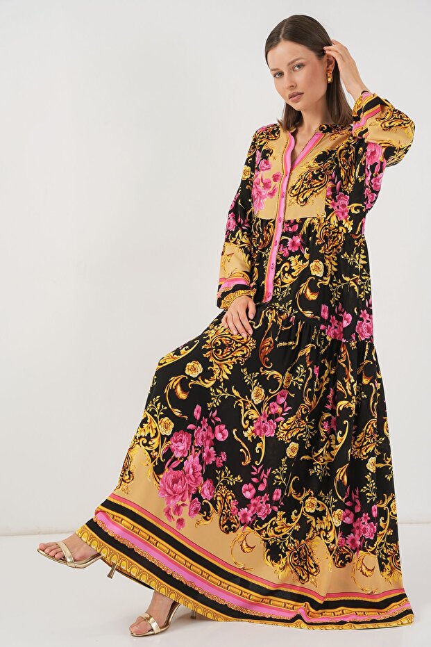 فستان ماكسي منقوش بياقة على شكل حرف V وأزرار من BDART - 3