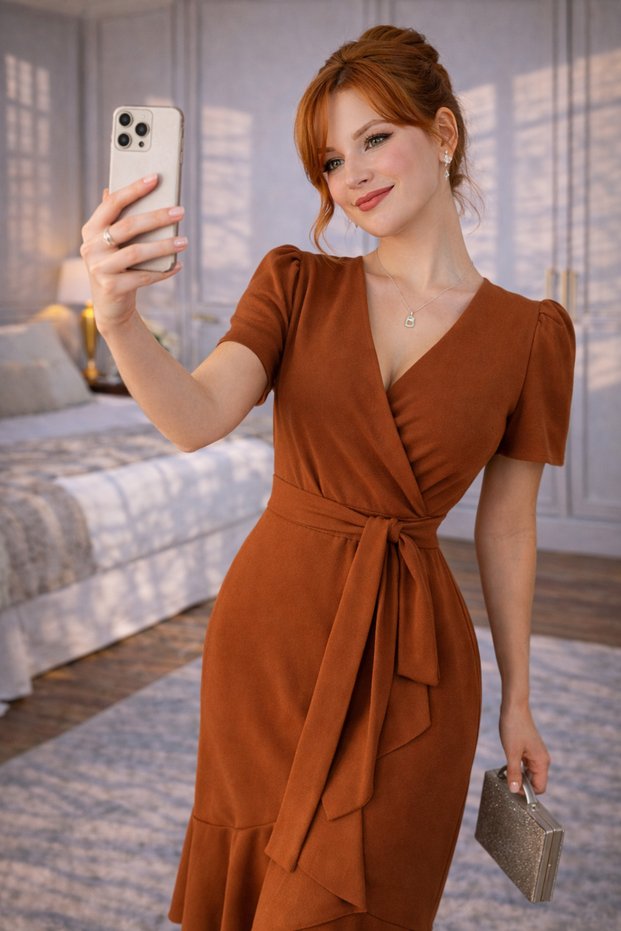 Crepe Fabric Midi Length Belted Dress (Coloured)