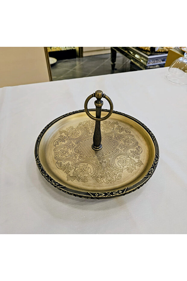 22 cm Cast Iron Footed Stainless Steel Presentation Plate with Handle Antique