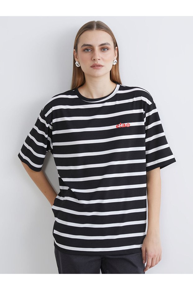 Two Mt Shop Quality Black Combed Cotton Striped Oversize Short Sleeve Women's T-Shirt