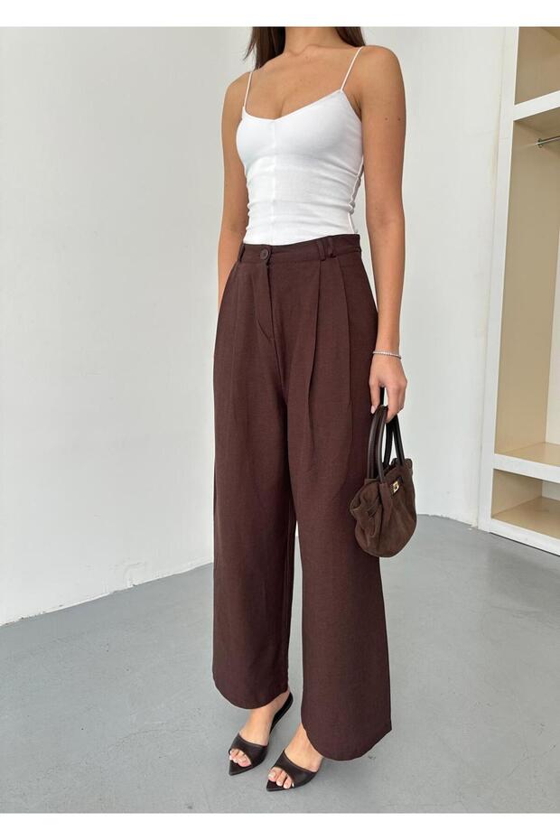 New Season Double Pleated Double Bridged Buttoned Bol P Wide-Leg Leg Palazzo Linen Linen Pants