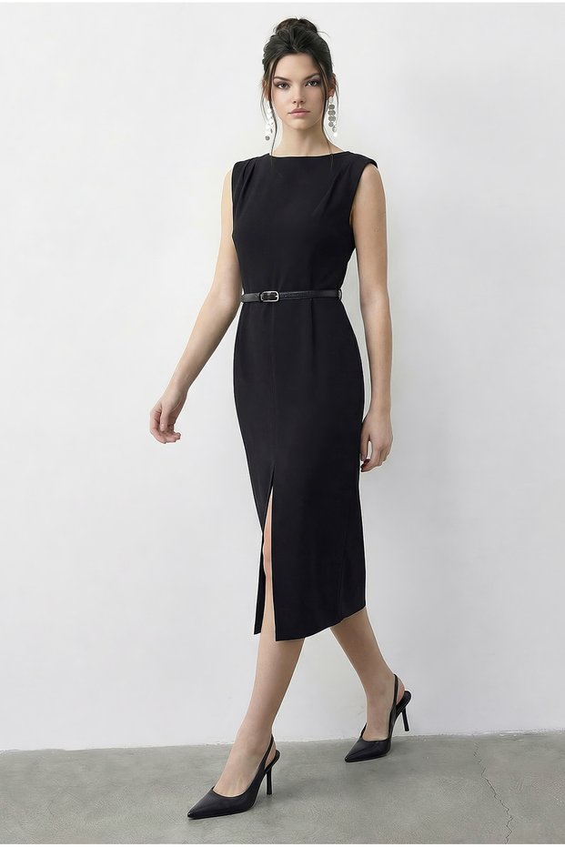 Women's Black Boat Neck Belted Front Slit Detailed Midi Pencil Dress 0539 60283992