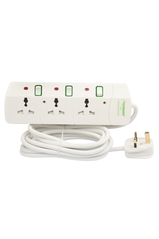 Terminator 3-Way Universal Power Extension Socket, 3M Cable, 13A Fused plug, Fire-Resistant, Individ