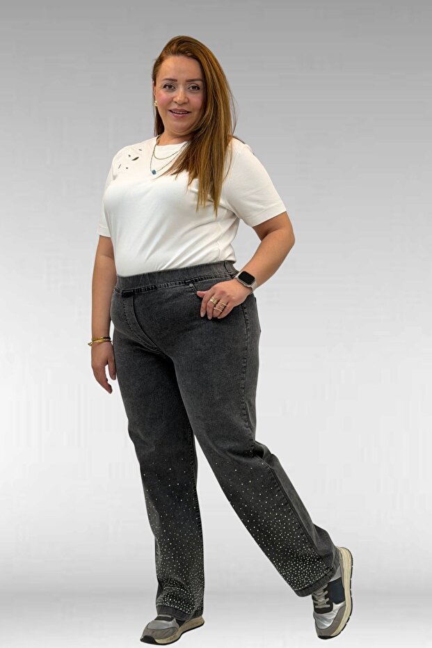 69001 Plus Size Elastic Waist Pocket Look Stoned Jeans - Black