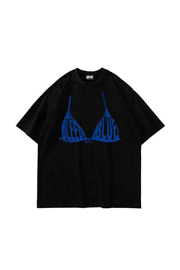 Bleed Blue Printed Oversize Unisex Black Tshirt