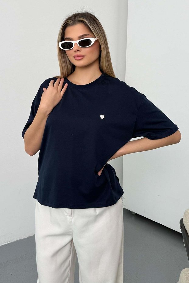 Women's Crew Neck Heart Cherry Accessory 100% Cotton T-Shirt Navy Blue - 26Y 26521
