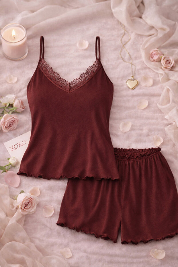 Women's Viscose Soft-Textured Lace Piece Rope Strap Shorts Pajama Set