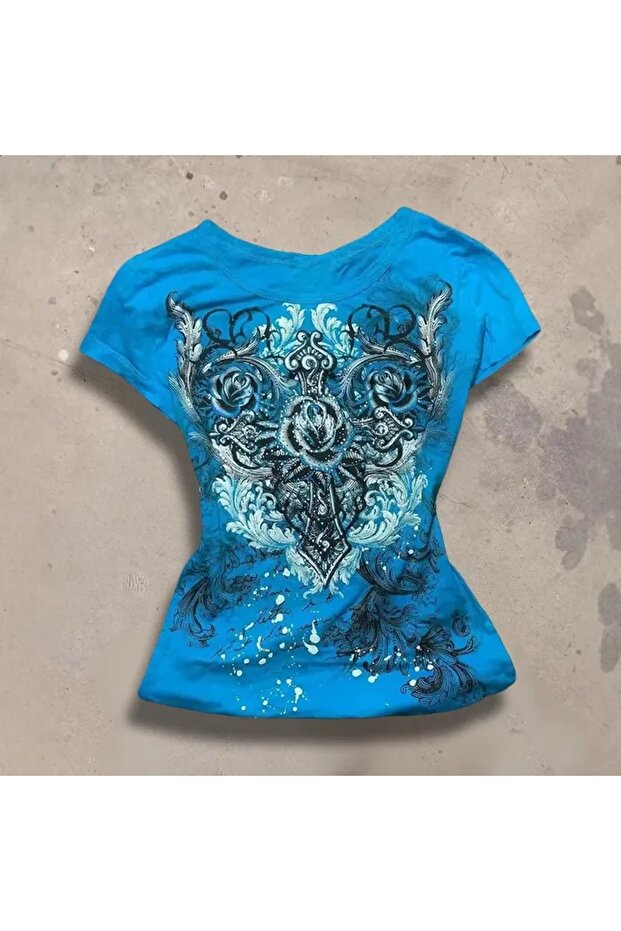 Slim Fit Gothic Tribal Printed Blue T-Shirt