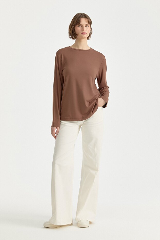 Büyük Beden Basic Örme Bluz Kahve - 1