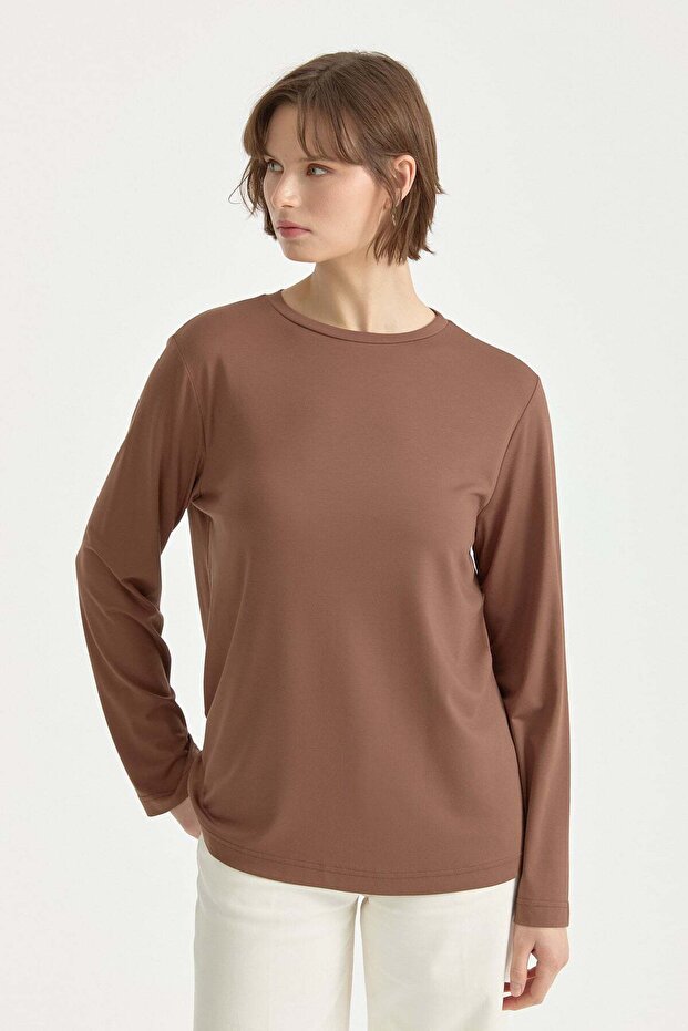 Büyük Beden Basic Örme Bluz Kahve - 2