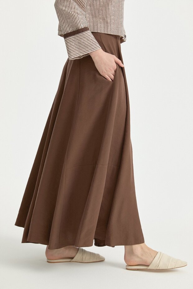 Parçalı Modal Basic Kloş Etek Kahve - 3