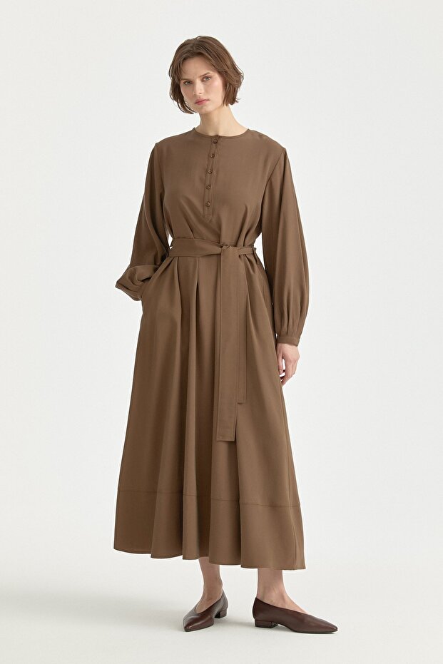 Belted Lyocell Shirt Dress Brown