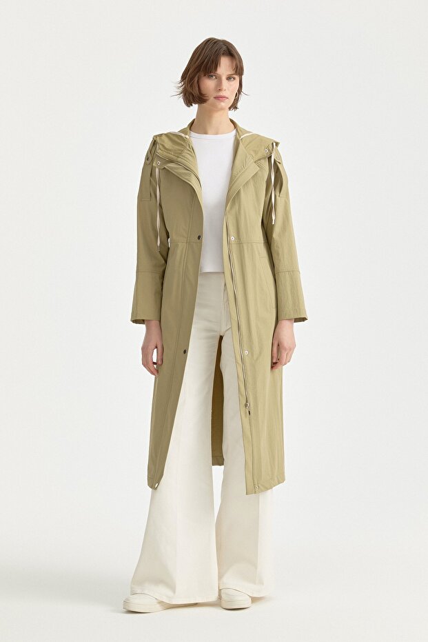 Apolet Detailed Waist Ruched Trench Coat Thyme
