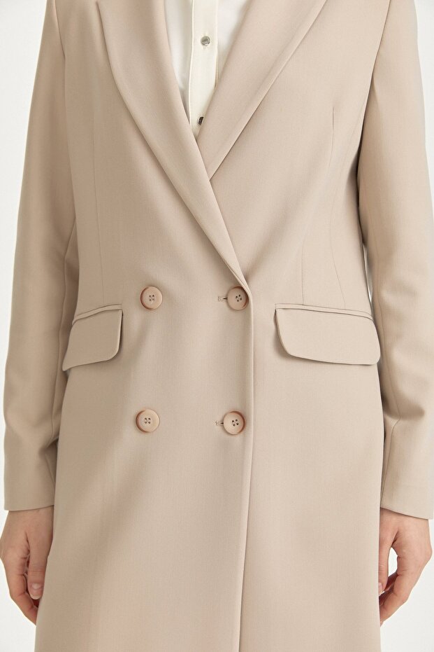 Kruvaze Kapama Uzun Blazer Poly. Viskon Basic Ceket Bej - 3