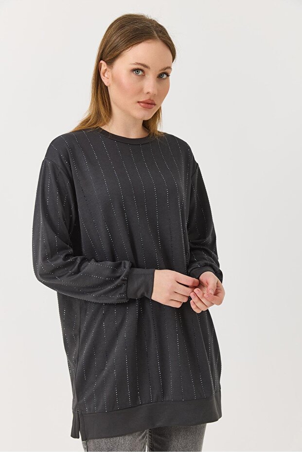 Women's striped stone embellished oysho fabric long sleeve tunic - anthracite