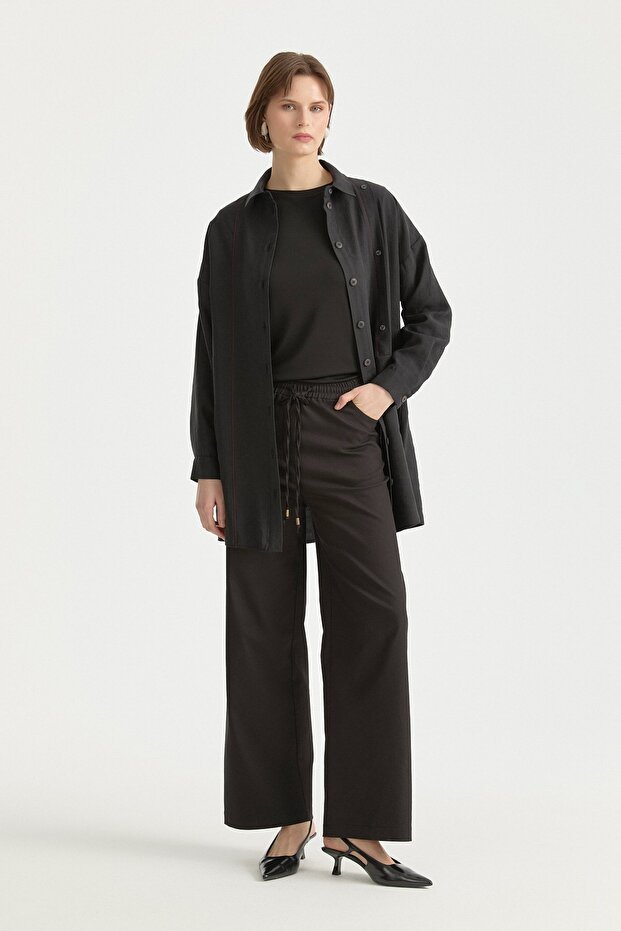Elastic Waist Canvas Wide-Leg Basic Cotton Trousers Black