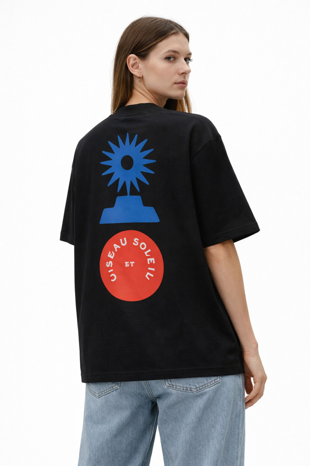 Unisex Women's Men's Oiseau Soleil Back Printed Oversize Thick Fabric Relaxed Cut Cotton T-Shirt