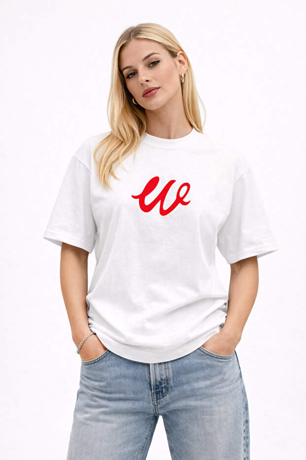 Unisex Women's Men's W Logo Custom Handwritten Front Printed Oversized Thick Fabric Relaxed Cut Cotton T-Shirt