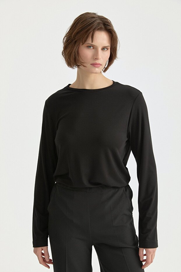 Büyük Beden Basic Örme Rayon Bluz Siyah - 2