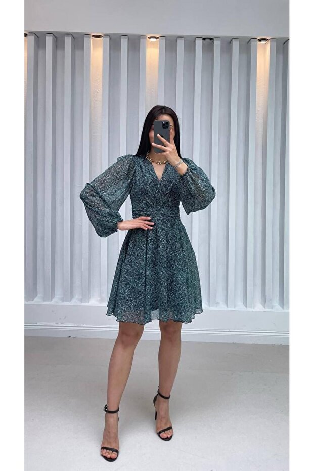 DRAPELİ ŞİFON ELBİSE - 5