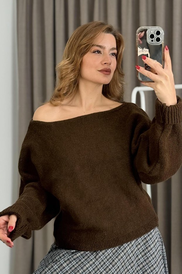 Women's Wide Collar Bat Sleeve Knitwear Sweater Brown