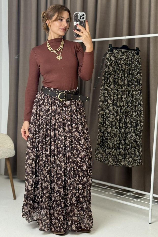 Women's Brown Pleated Floral Print Belt Li Lined Chiffon Skirt