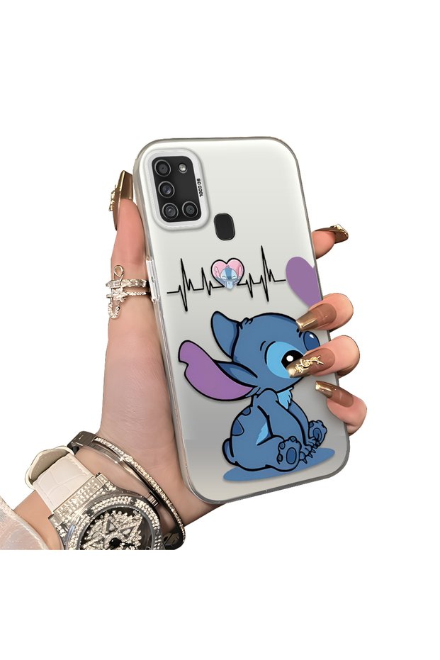 Samsung Galaxy A21S Compatible Stitch Couple Pattern Case Hard Acrylic Back Silicone Edge Lens Protection