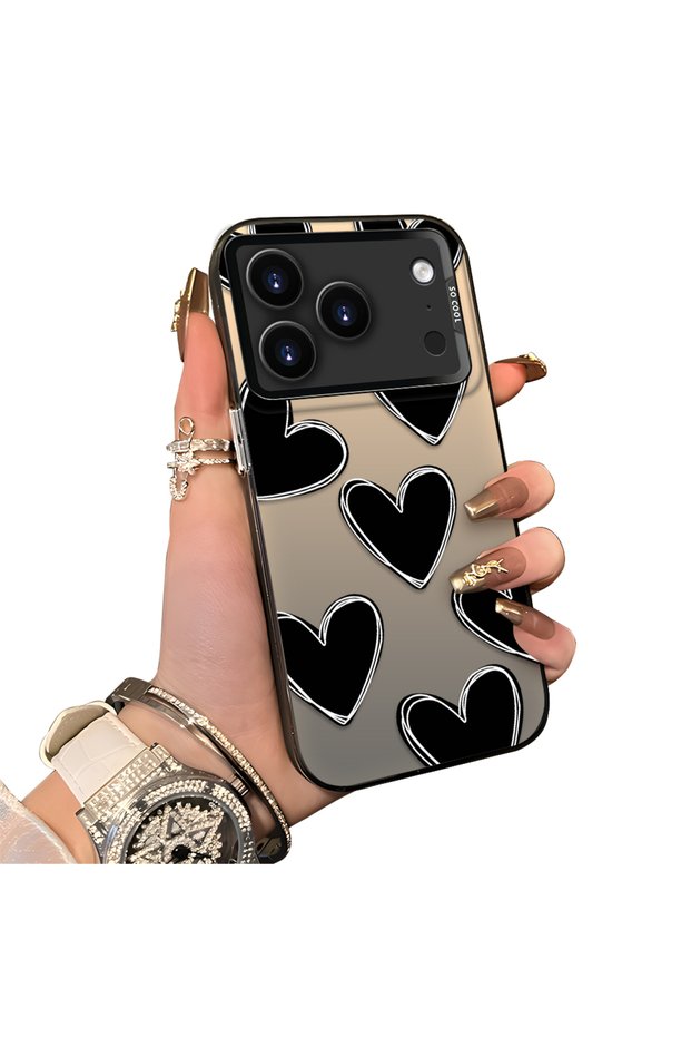 iPhone 17 Pro Max Compatible Hard Acrylic Back Silicone Edge Lens Protection Case Heart Pattern
