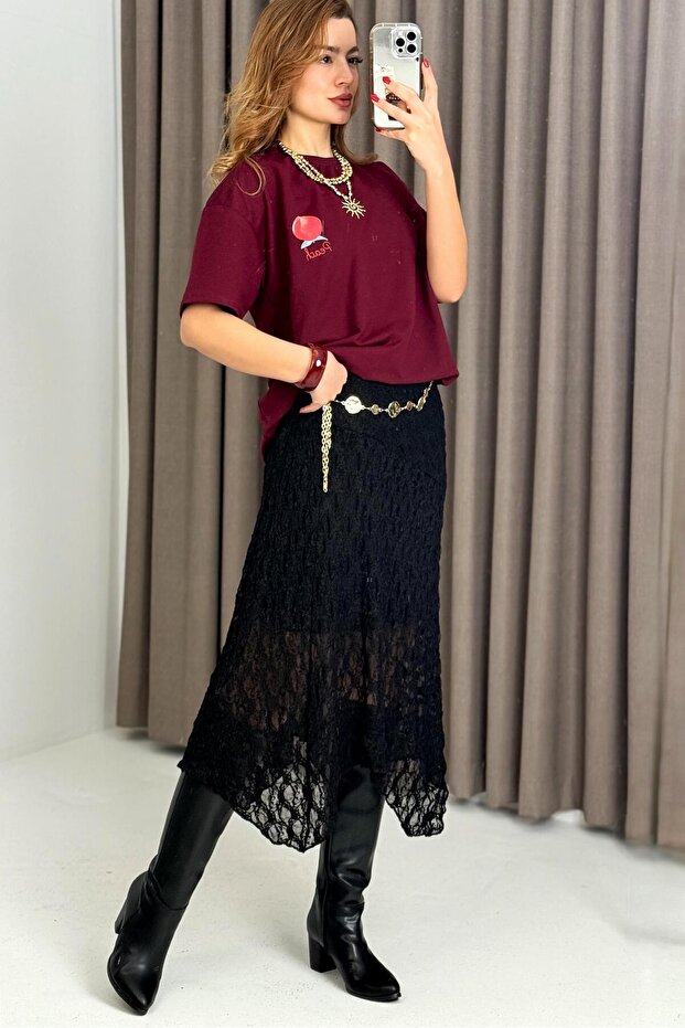 Women's half Lined Lace fabric design skirt black