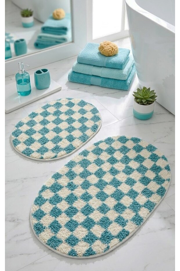 Chess Dama Patterned 2-Pack Oval Bohemian Bath Mat Latex Non-Slip Machine-Made Washable 60X100 60X50 cm