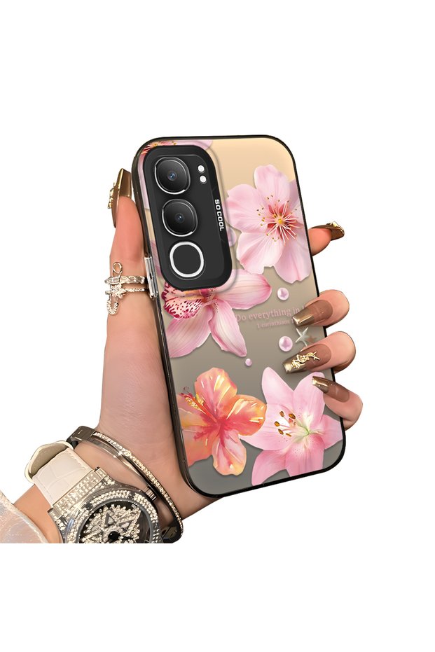 Vivo Y29 5g Compatible Hard Acrylic Back Silicone Edge Lens Protection Case Lily Pattern