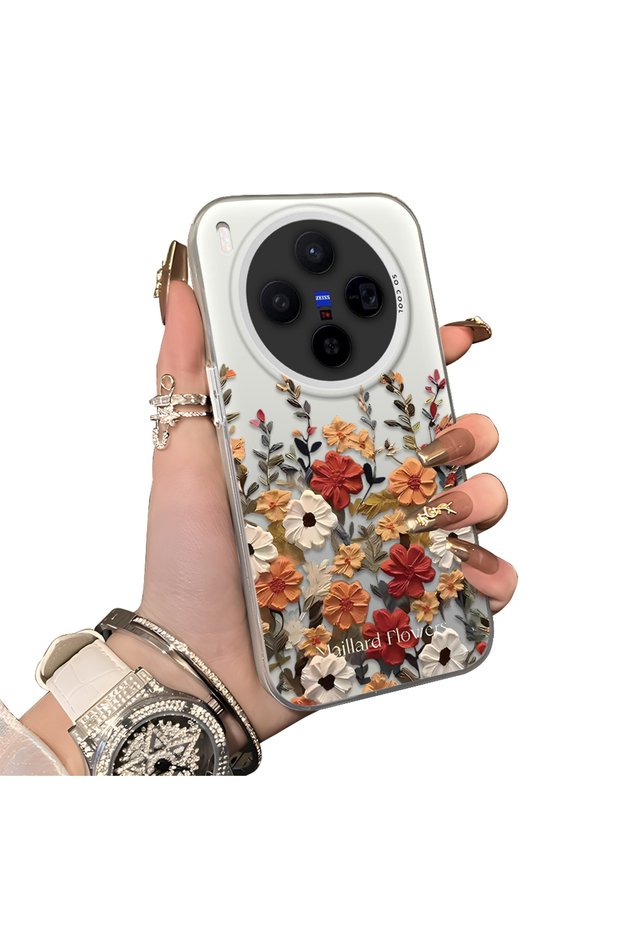 Vivo X300 Compatible Hard Acrylic Back Silicone Edge Lens Protection Case Beautiful Flower