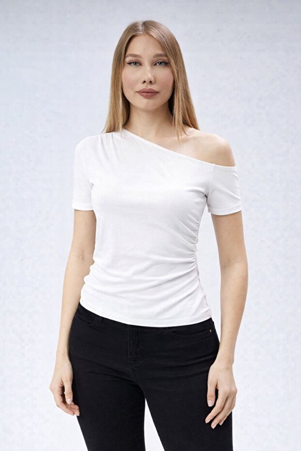Boat Neck Drape Detailed Short Sleeve Blouse