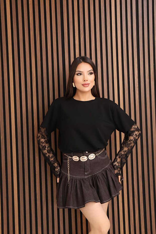 Dantel Kol Detay Tshirt - 1