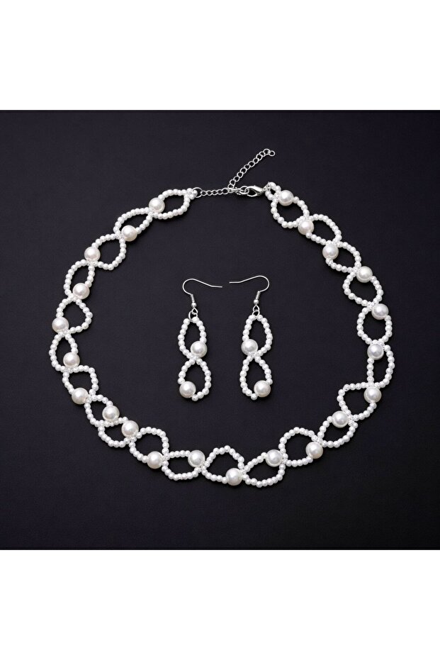 2 Pcs White Color with Elegant Design Pearl Jewelry Set Earrings, Necklace