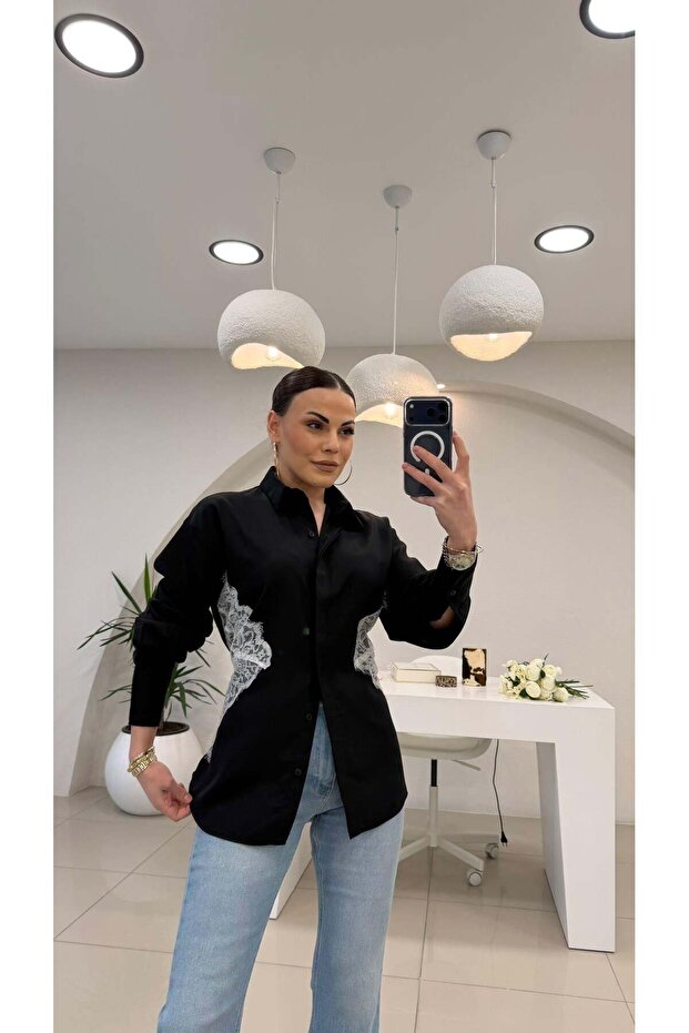Design Lace Detailed Back-Tie Shirt Black