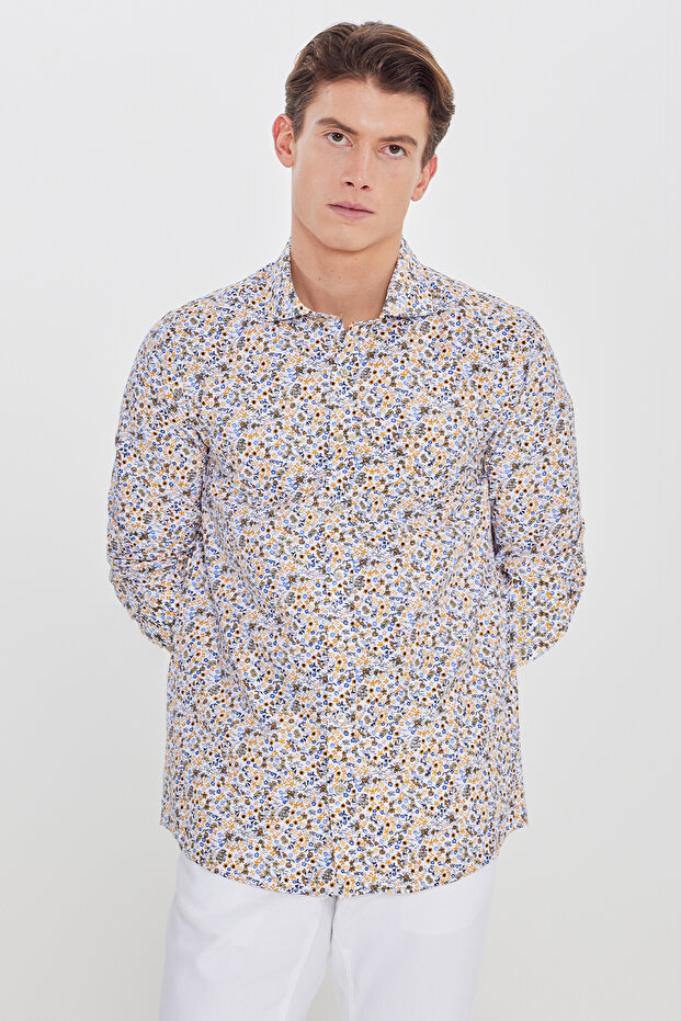 Men's White-Yellow Cotton Pack Slim Fit Slim Fit Large Italian Collar B Printed Shirt