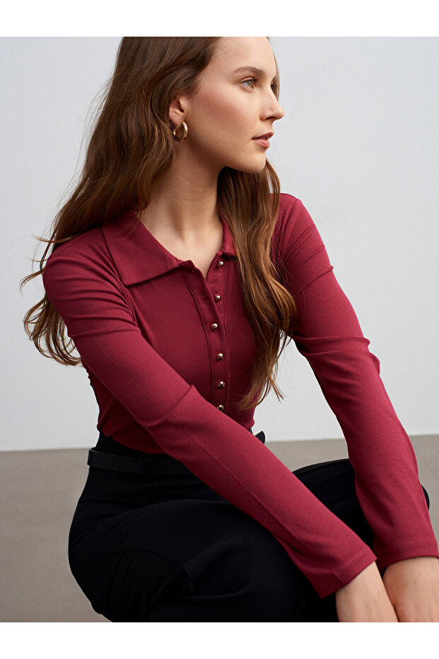 32671 Button Detailed Polo Collar Top-Light Burgundy