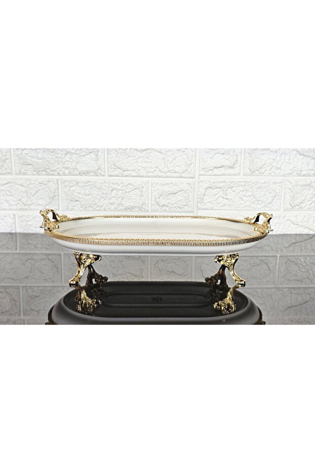 Porcelain Small Simple Boat-Shaped Serving Dish with Cast Gold Frame and Small 4-Legged Base 30 cm
