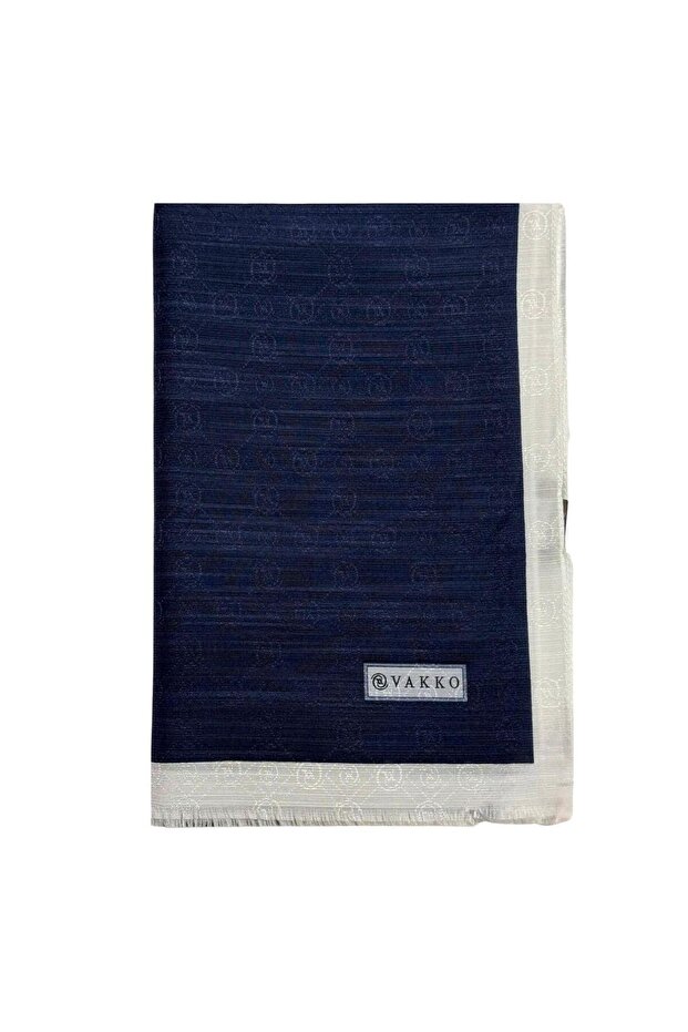 Cotton Silk Monogram Shawl 44225-Navy Blue White