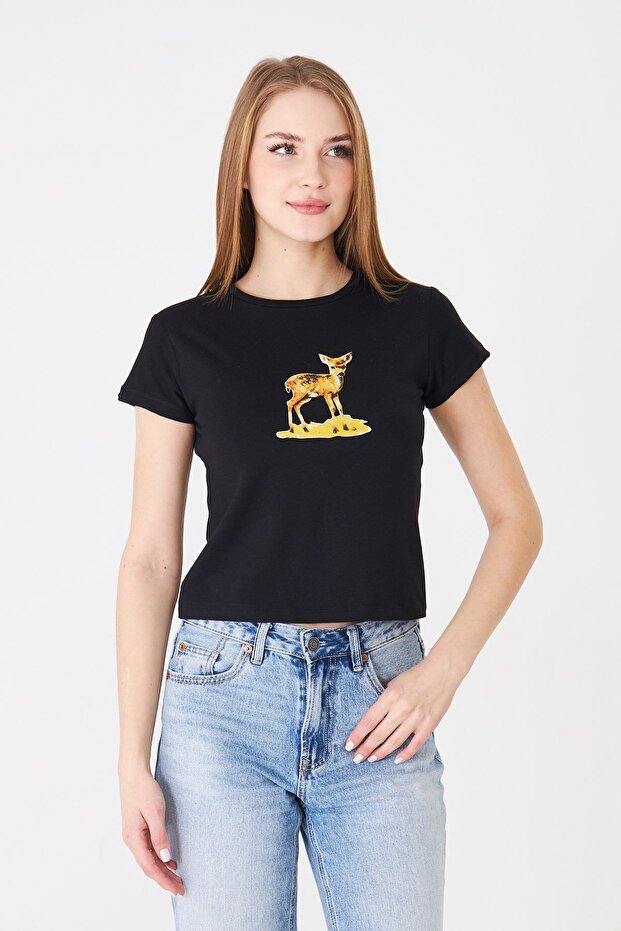 Women's Ceylan Printed Crew Neck Fitted Basic Tshirt Black
