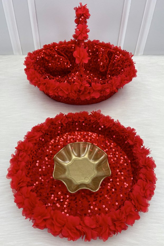 Red Bridal Henna Night Tray and Basket, Sparkling Sequin Velvet and Three-Dimensional Laser Flowers, Wedding Marriage Promise Engagement Circumcision