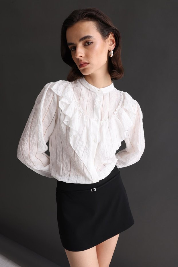4828 Women's Striped Ruffle Detail Hakim Collar Shirt Ecru