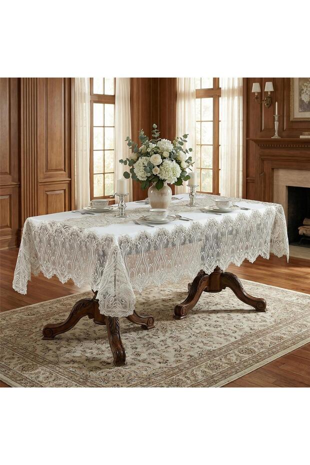 Lilyum Lace Velvet Cream/Beige Rectangle Tablecloth 160x230 Cm 1605