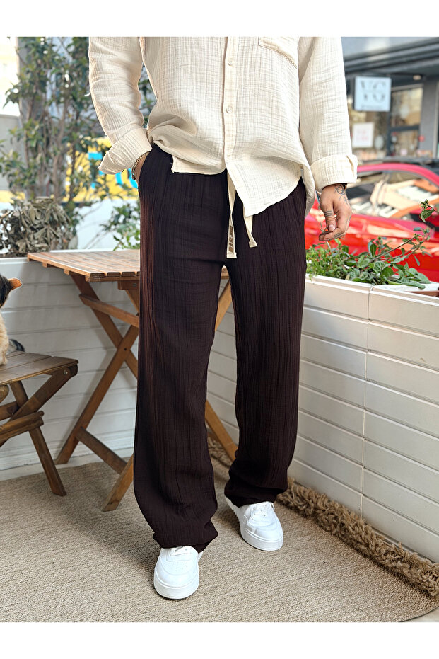 Muslin Fabric Basic Baggy Trousers Brown